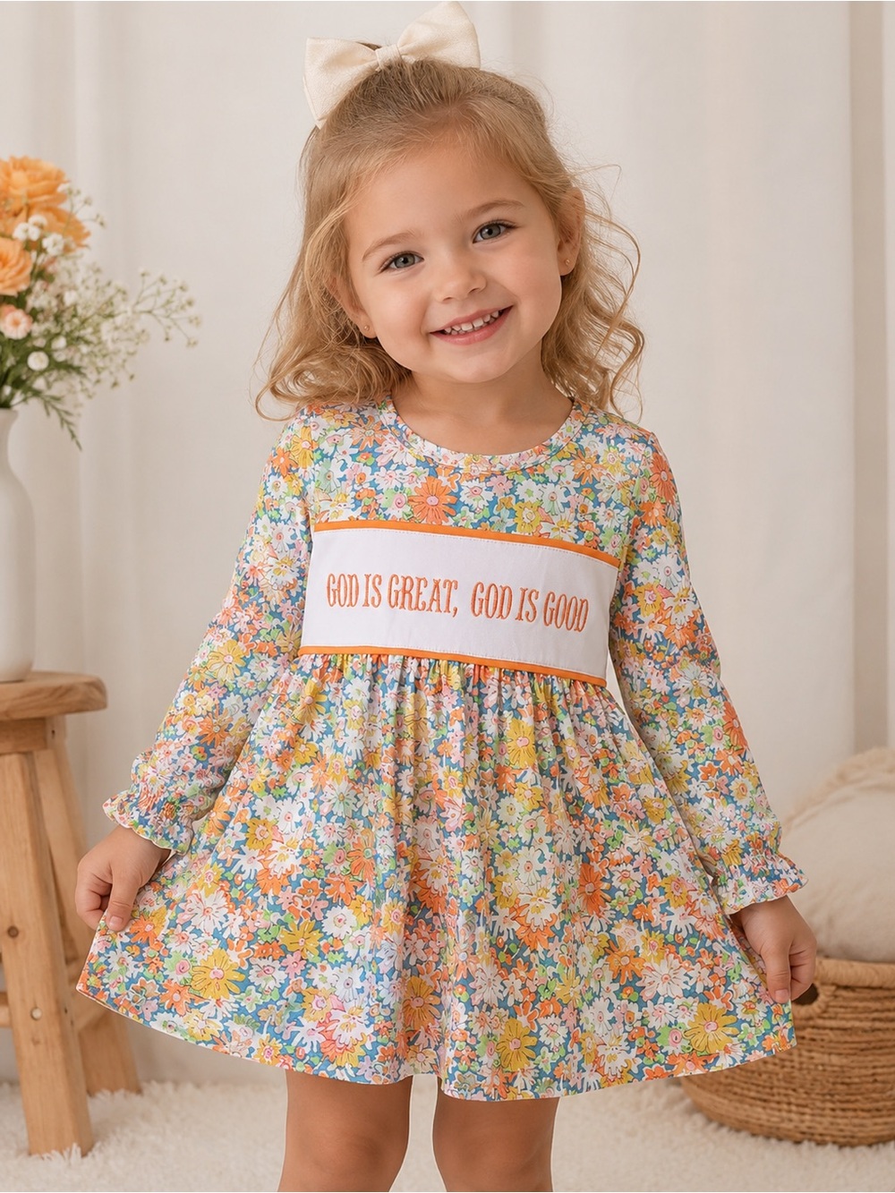 Floral Long-Sleeve Girls Dress God is Great Embroidered - Picture 2 of 2